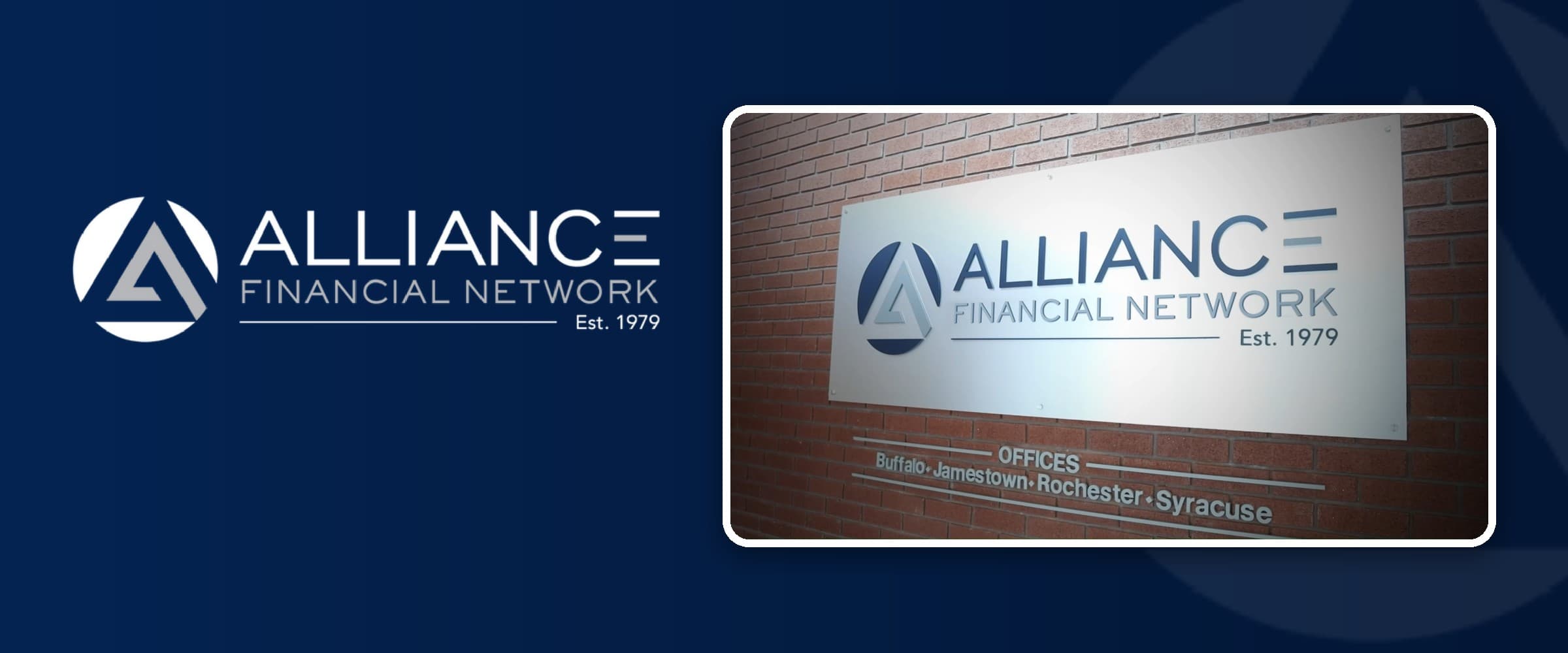 Alliance Financial Network logo beside a photo of the Alliance Financial Network office sign